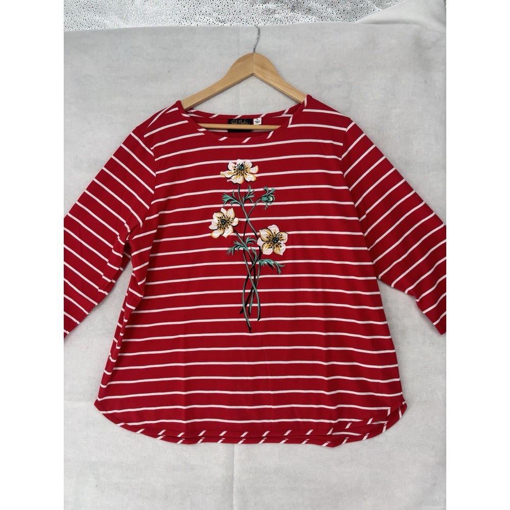 Bob Mackie Wearable Art Shirt Womens XL Red White Stripe Round Neck Nautical